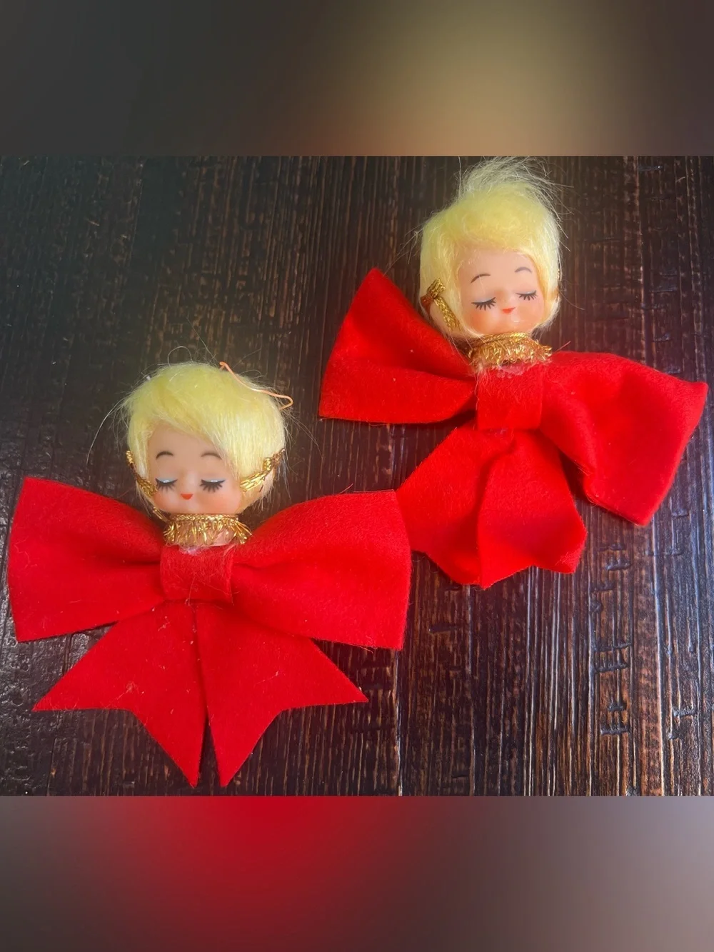 Vintage Retro Pixie Angel Girl Red Bow Christmas Ornaments Japan Lot of 2